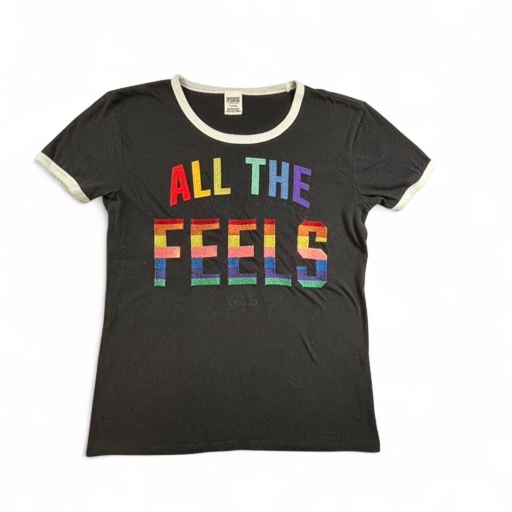 PINK Victoria’s Secret Rainbow Graphic Tee Womens M “All The Feels” Embroidered